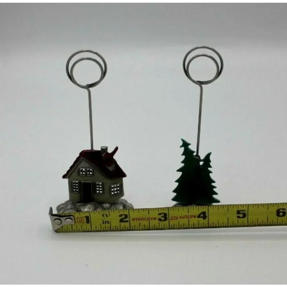 Christmas Place Card Holder Lot 2 Photo Tree House Cardinal Red Silver Tone